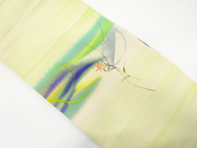 作家物　縮緬地手描き花模様名古屋帯